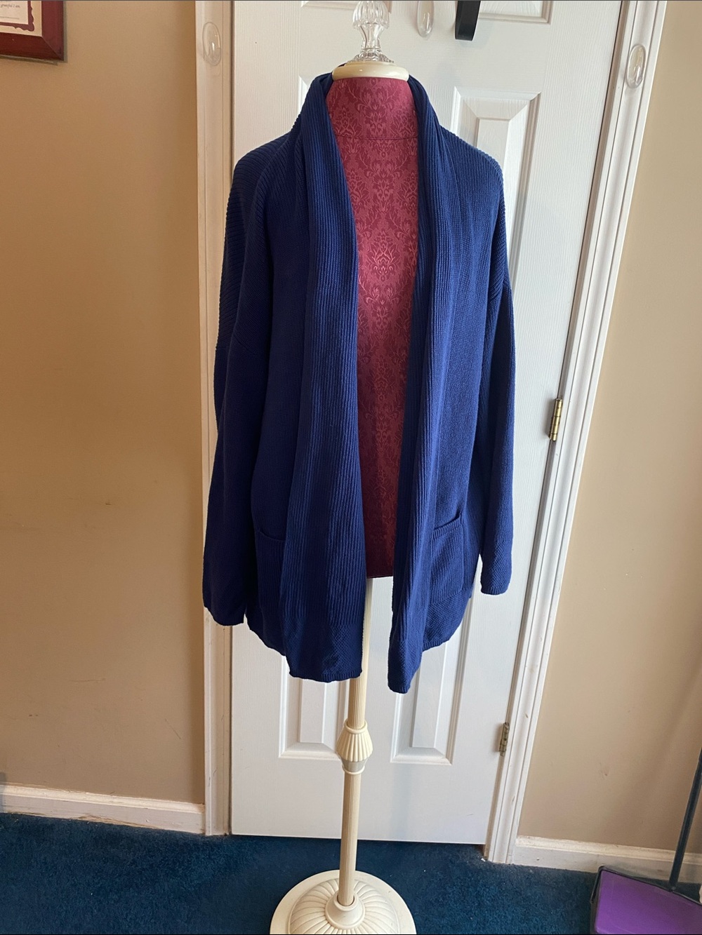Chaus Deep Navy  XL Open-Front Knit Cardigan with Pockets